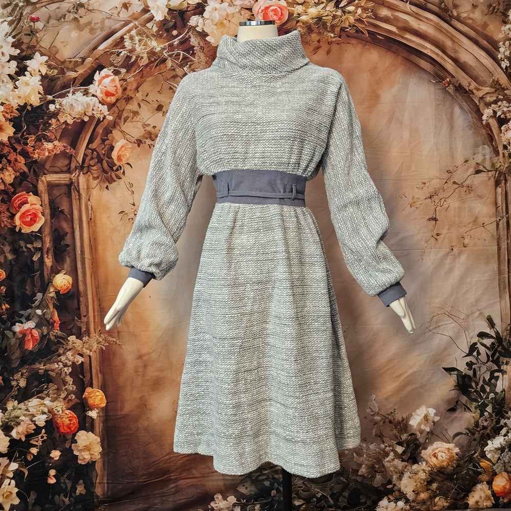 Vintage 70s JCPenney Fashions Grey Knit Cowl Turtleneck Midi Dress Belted